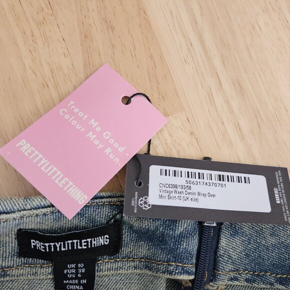 SALE Prettylittlething PLT Vintage Wash Denim Wrap Over Mini Skirt - sz US 6 NWT - Picture 5 of 9